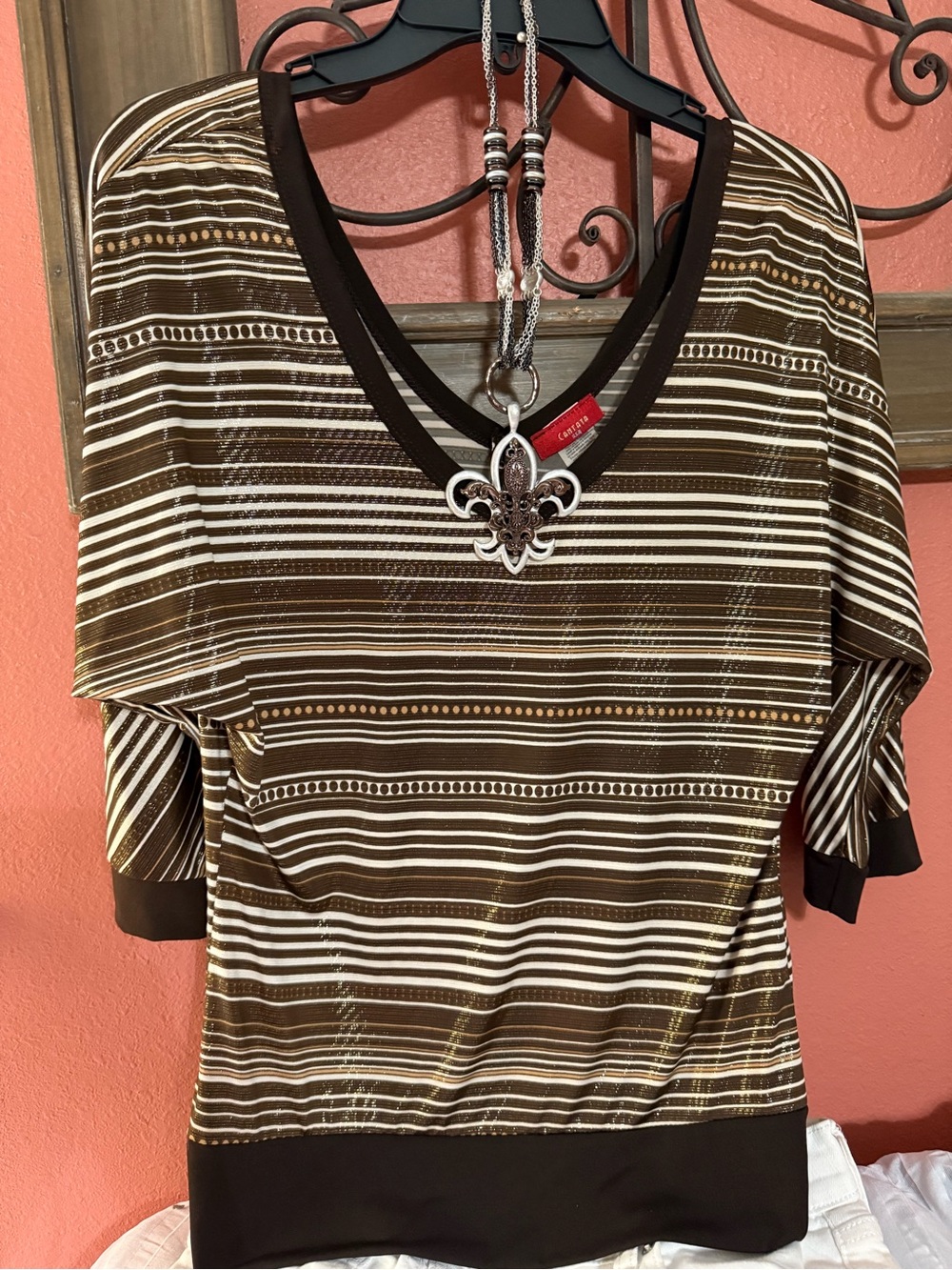 Canata Brown and Cream Striped V-Neck Tunic with a Fleur De Lis necklace